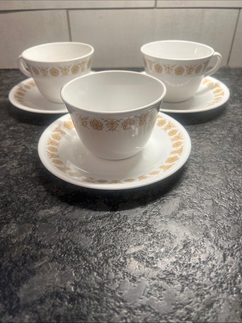 Corelle White BUTTERFLY GOLD Tea Cups and Saucers with Gold Floral Trim